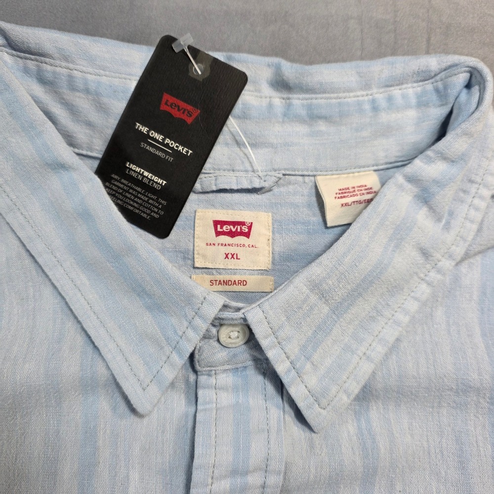 Levis Mens XXL The One Pocket Short Sleeve Linen Blend Striped Shirt Light Blue